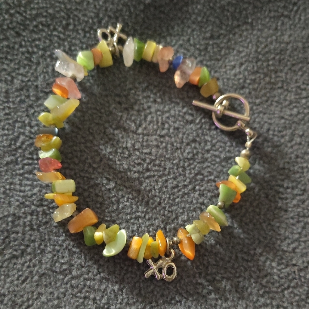 Green and Orange Beaded Bracelet with Natural Stone Chips